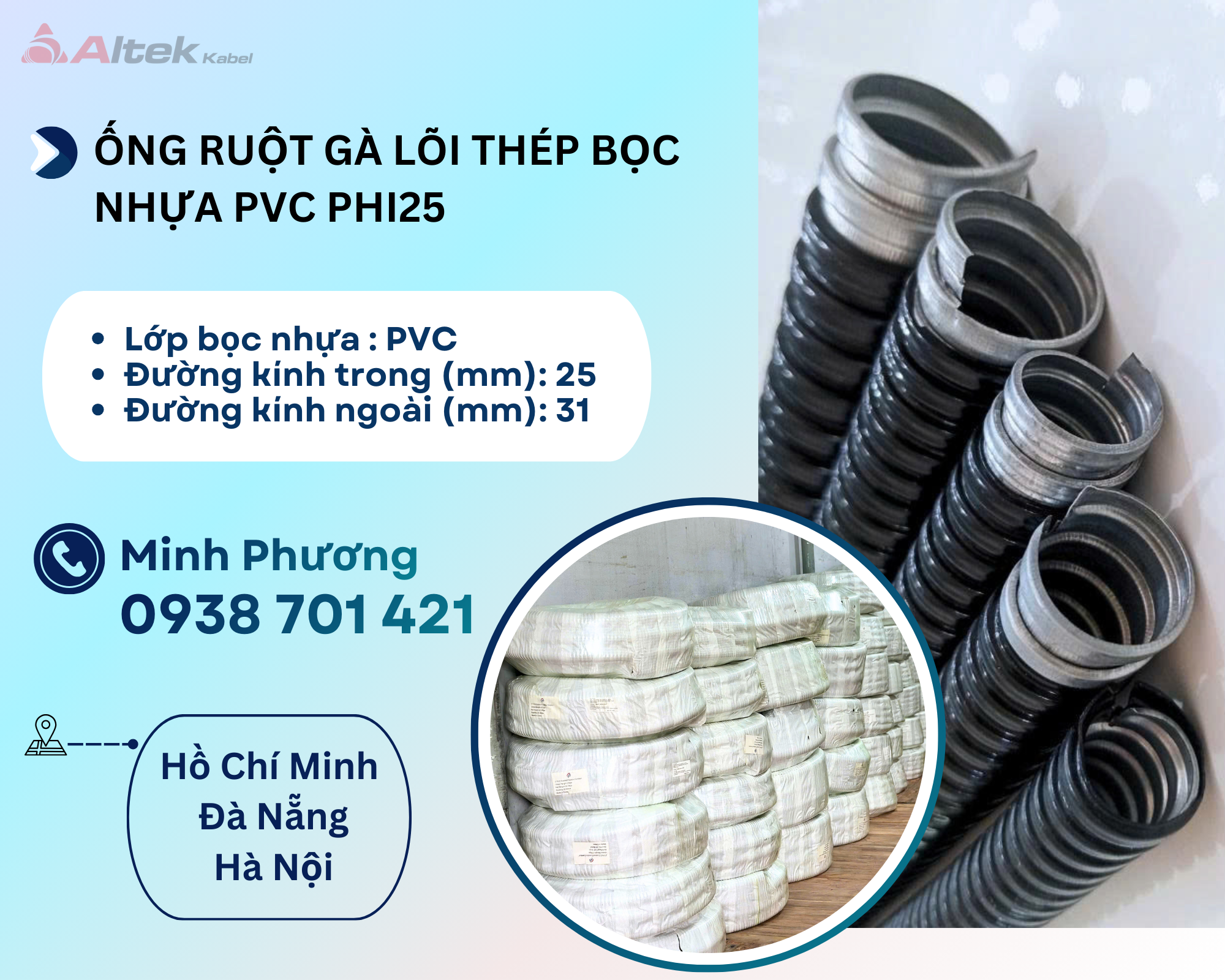 Ống ruột gà lõi thép bọc nhựa PVC phi 25 Đà Nẵng, Quảng Ngãi, Huế